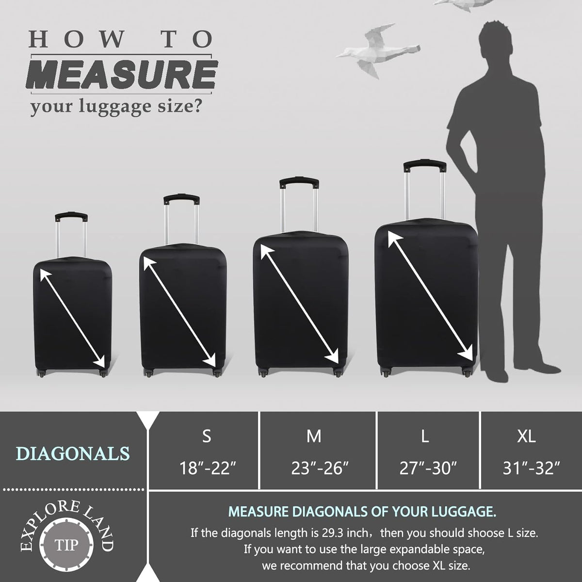 Explore Land Travel Luggage Cover Fits 23-26 inch Case (Black, M)
