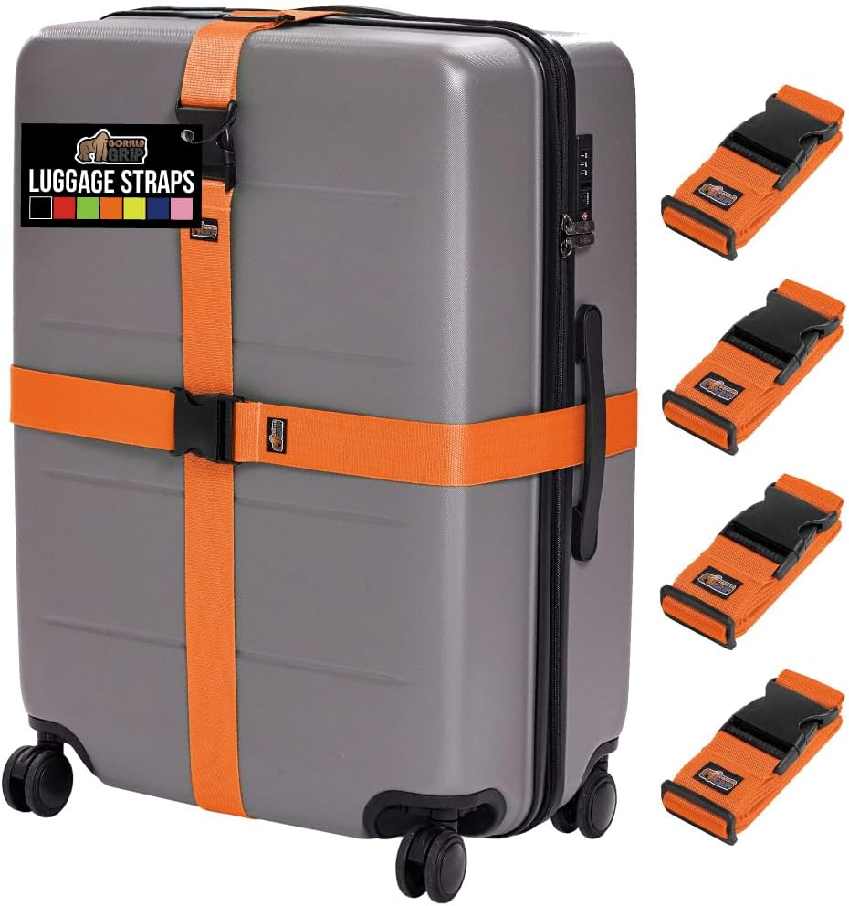 GORILLA GRIP Heavy Duty Luggage Straps for Suitcase, 4 Pack, Orange