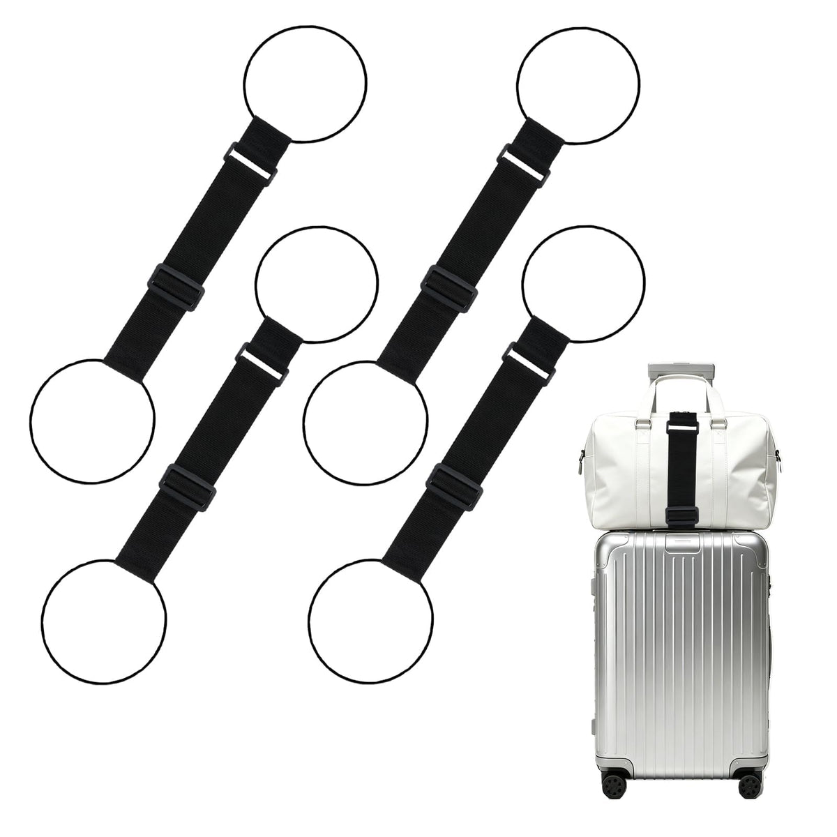 Luggage Connector Straps, Adjustable Elastic Durable Straps for Connecting Luggage Bags to Suitcases, Hands-Free Travel Essential (4PCS Black)