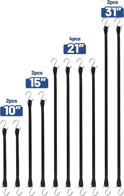 Bungee Cords with Hooks, 10 Pack, 10", 15", 21", 31", EPDM Rubber