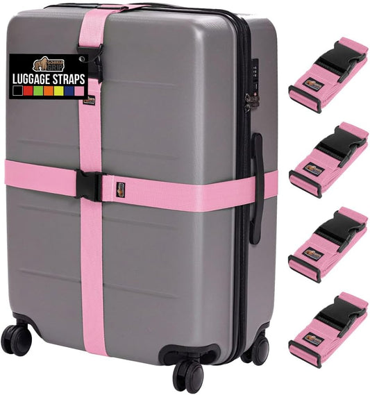 GORILLA GRIP Heavy Duty Luggage Straps for Suitcase, 4 Pack, Pink