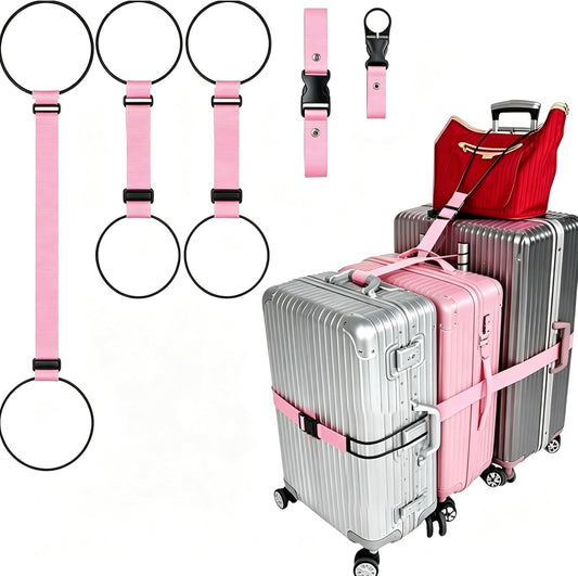 Luggage Straps 3 PCS for Suitcases 2 Short & 1 Long Adjustable Straps with Elastic Thick Rope for Connecting Suitcases and Bags Stably with a Strap Buckle and a Bottle Clip, Pink
