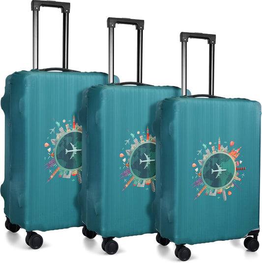 Sherr 3 Pieces Travel Luggage Cover, S/medium/L, Travel Theme, Green