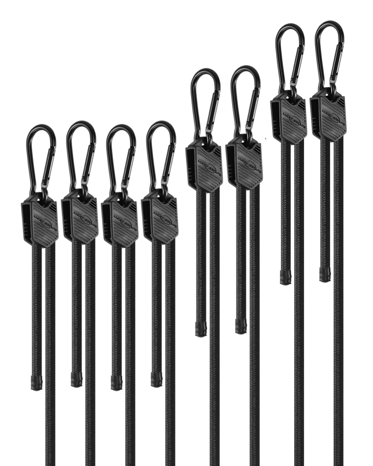 Lucky Straps 48" Black Adjustable Carabiner Bungee Cords with Hooks, 8 Pack