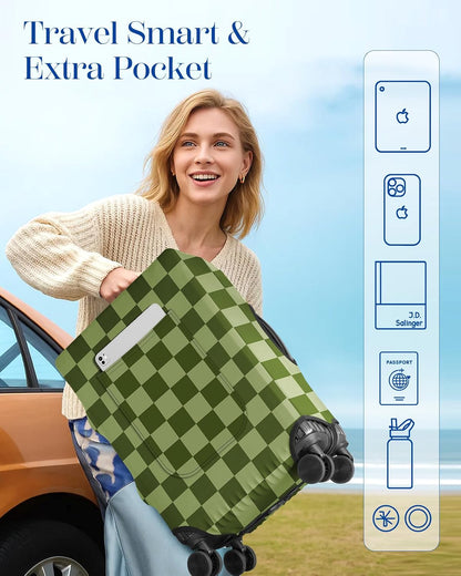 Slohif Classic Green Checkered Luggage Cover with Storage Pocket 28-30 inch