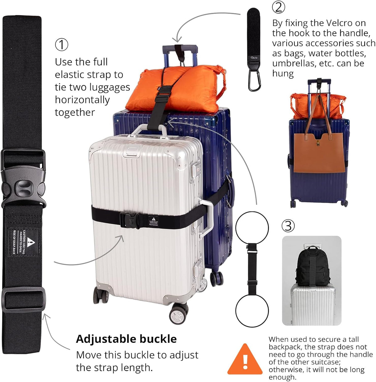 Adjustable Luggage Straps for Suitcases 3 PCS, Heavy Duty Lockable Buckle