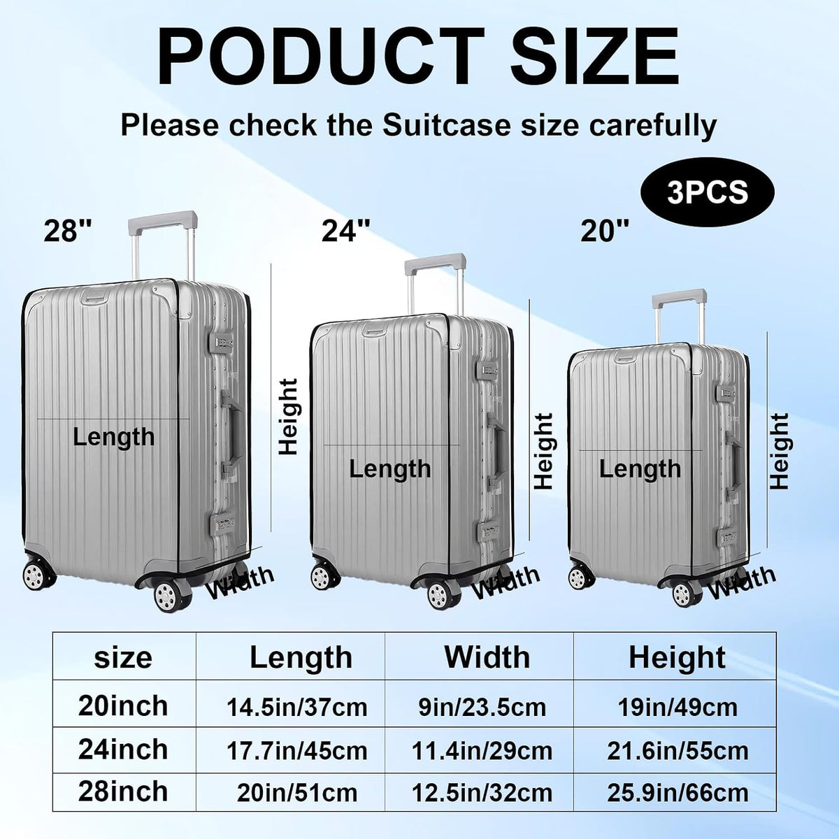 3 Pack Clear Luggage Cover Protectors, TSA Approved Heavy Duty Waterproof PVC Suitcase Covers, Scratch Resistant Travel Protector Fits 20 24 28 Inch Wheeled Hard-Sided Luggage