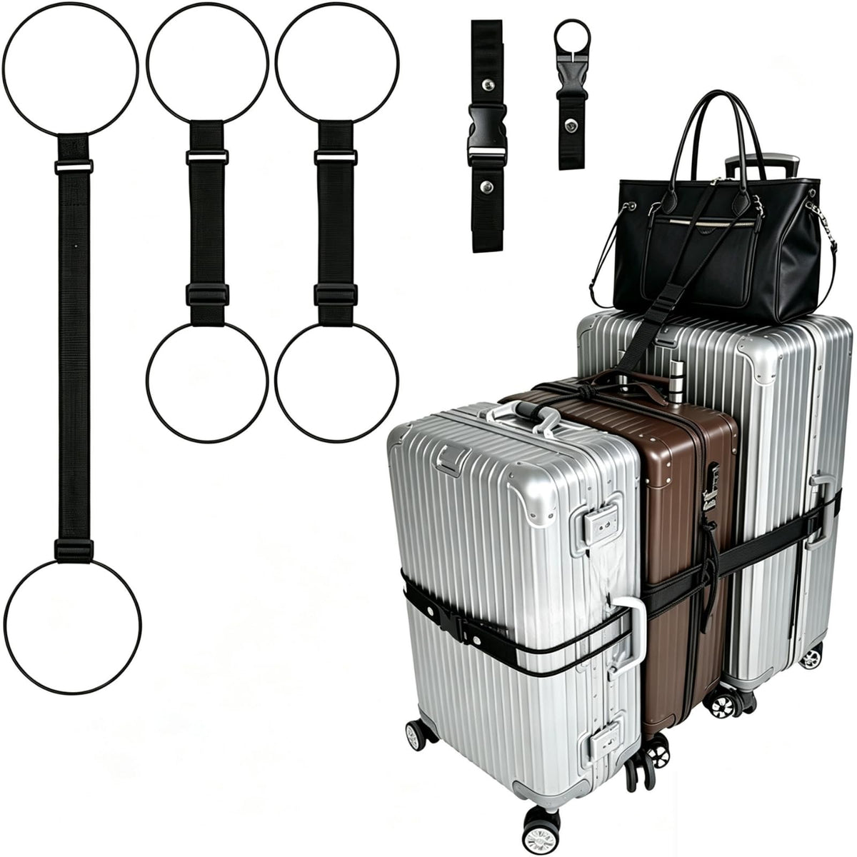 Luggage Straps 3 PCS for Suitcases 2 Short & 1 Long Adjustable Straps with Elastic Thick Rope for Connecting Suitcases and Bags Stably with a Strap Buckle and a Bottle Clip, Pink