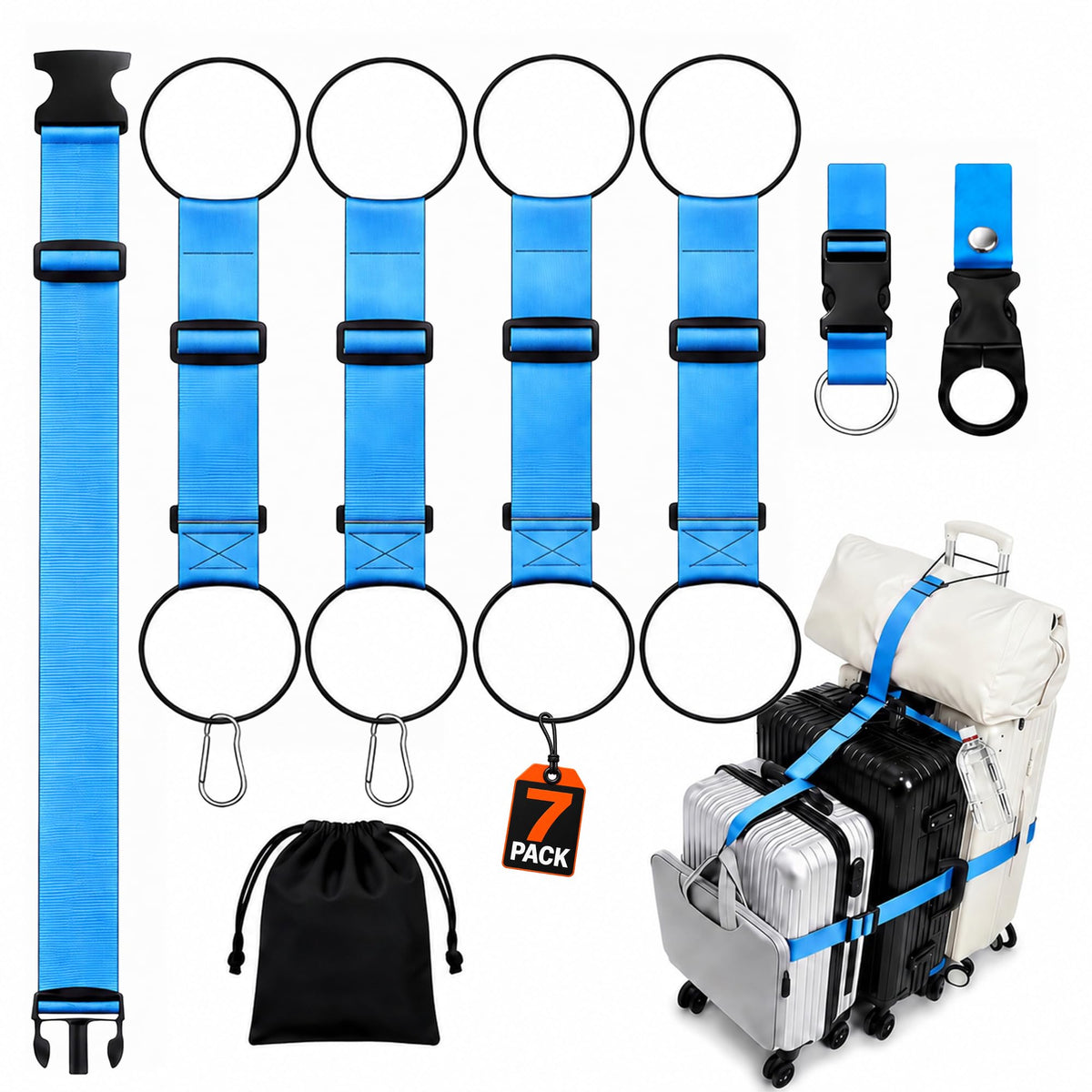 7 Pack Adjustable Luggage Straps for Suitcases & Luggage Connector Straps