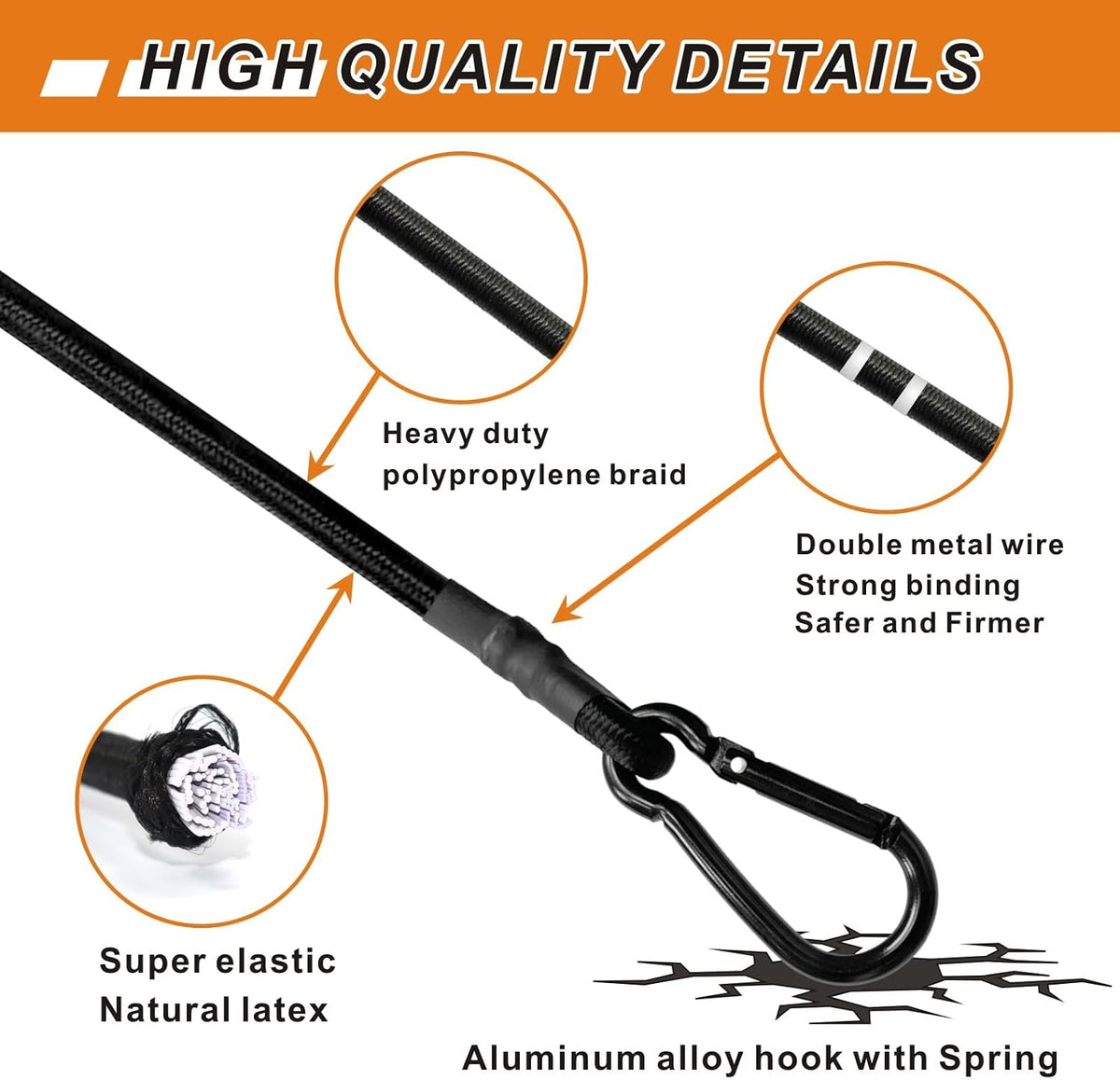 BEXSLE Bungee Cords with Carabiner Hooks Heavy Duty, Outdoor Black Bungee Straps, Strong Industrial Grade Elastic Bungee Rope for Securing Tarps, Luggage, Tents，Bikes, 12in + 24in + 48in，8pcs
