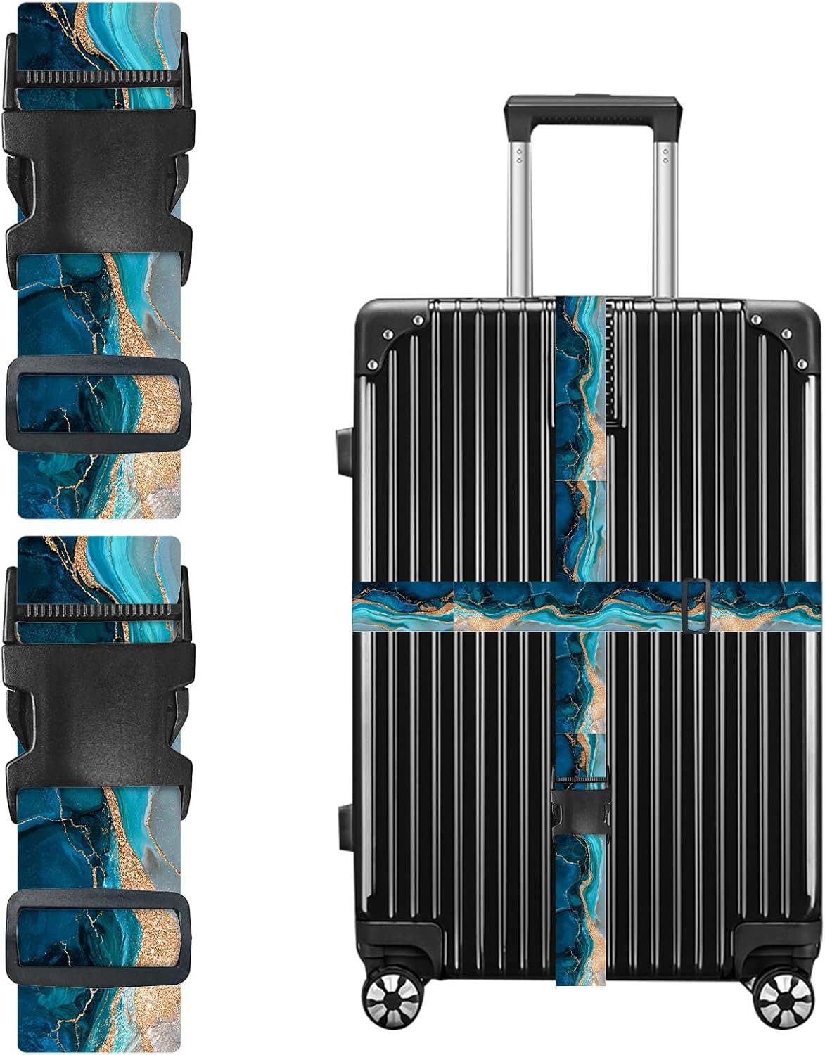 Nuxovilar Luggage Straps of 2 Set Blue Gold Fluid Art Pattern 1.96x90.5in