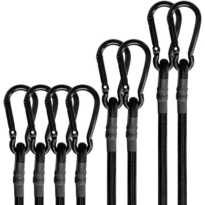 BEXSLE Bungee Cords with Carabiner Hooks Heavy Duty, Outdoor Black Bungee Straps, Strong Industrial Grade Elastic Bungee Rope for Securing Tarps, Luggage, Tents，Bikes, 12in + 24in + 48in，8pcs
