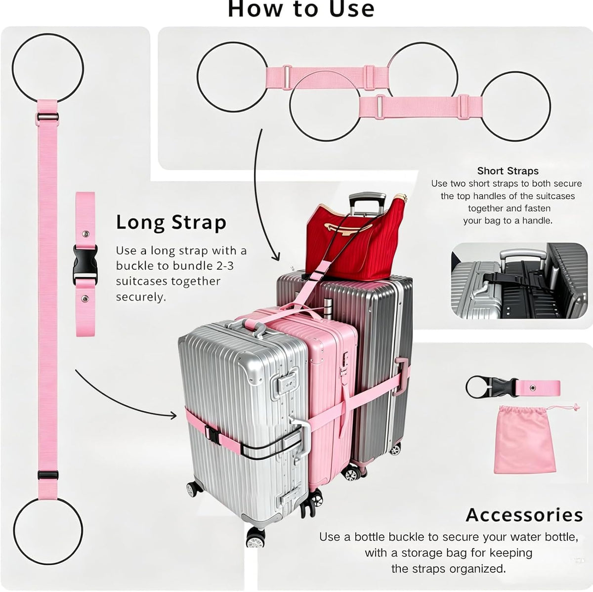Luggage Straps 3 PCS for Suitcases 2 Short & 1 Long Adjustable Straps with Elastic Thick Rope for Connecting Suitcases and Bags Stably with a Strap Buckle and a Bottle Clip, Pink