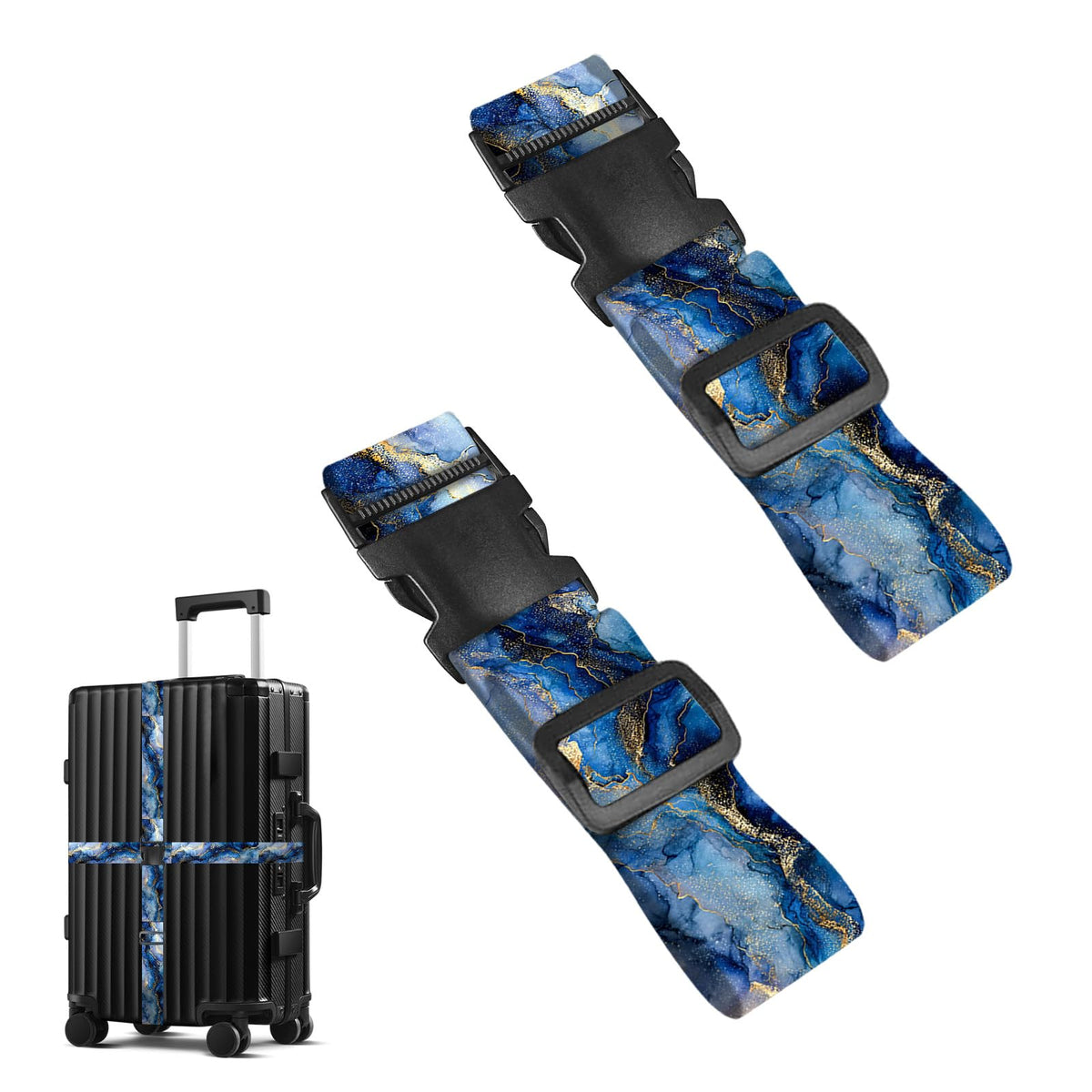 Nuxovilar Luggage Straps of 2 Set Blue Gold Fluid Art Pattern 1.96x90.5in