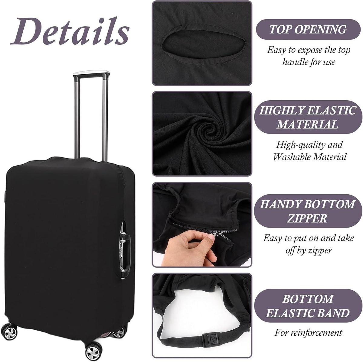Klmnop 3 Pack Suitcase Covers for Luggage 18-28 Inch - Elastic, Scratch-Resistant Luggage Protectors | Washable Travel Luggage Cover Set(Black)