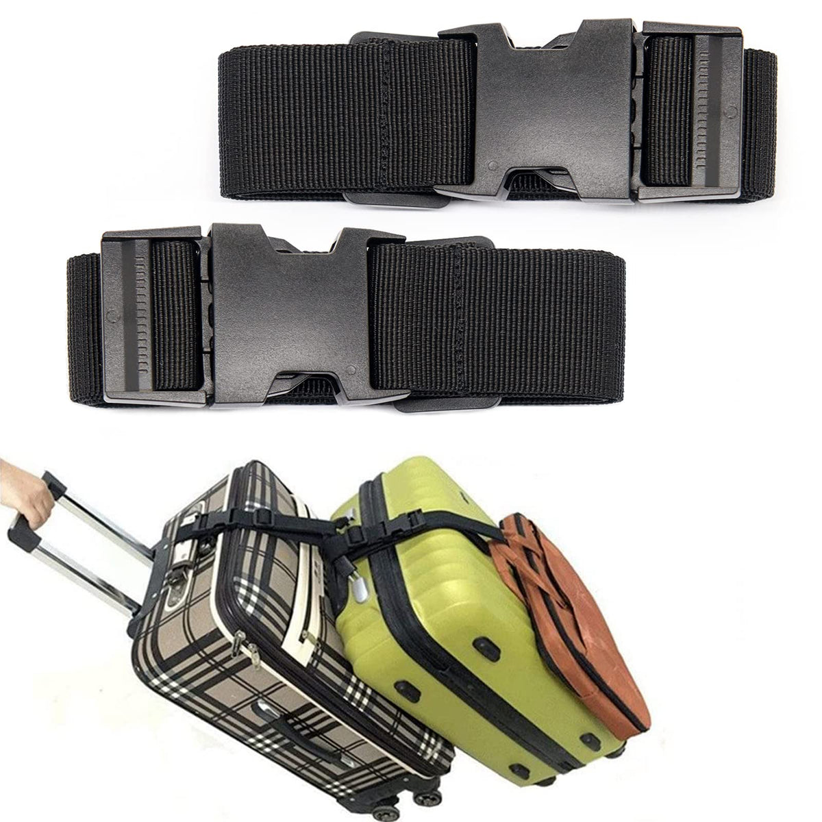 Luggage Straps for Suitcases, Travel Belt Multiple Connector, 2 Pack Black