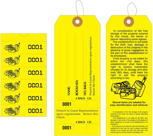 1000 Baggage Claim Check Tags with Manifold Construction for Multiple Bags. Yellow Stock, Printed in Black Ink with 6 Yellow Labels & Matching Numbers & Elastic String Attached. Size: 6 1/2" x 2 1/2"