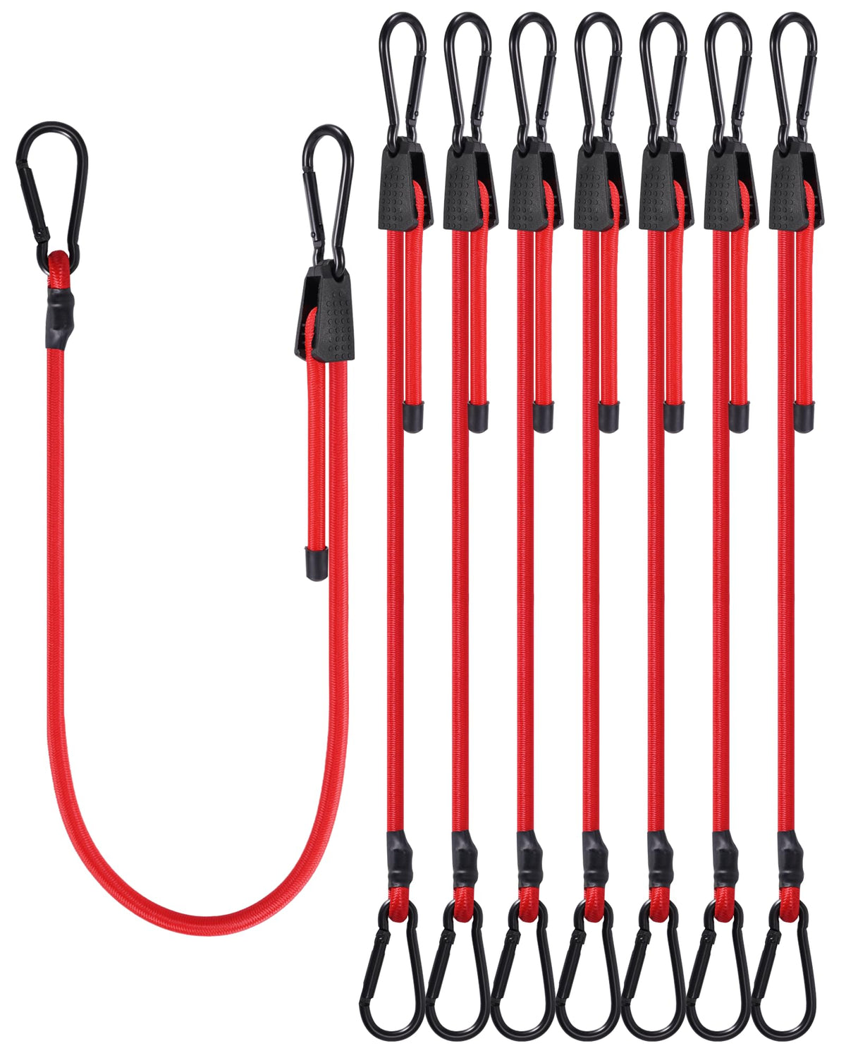 Lucky Straps 48" Black Adjustable Carabiner Bungee Cords with Hooks, 8 Pack