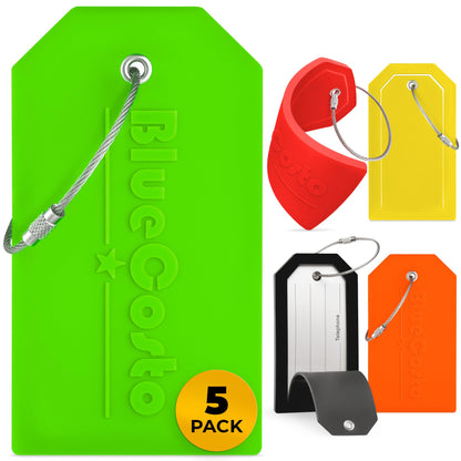 Luggage Tags, Large Green 5 Pack, PVC Suitcase Tags, Privacy Cover