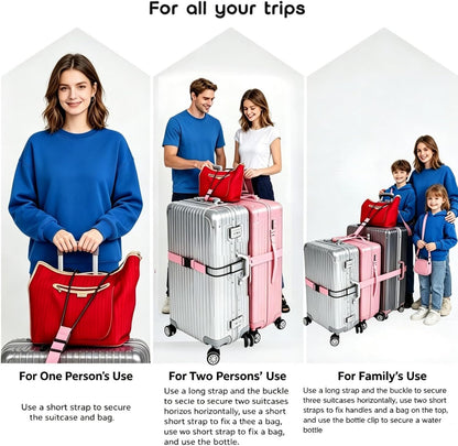 Luggage Straps 3 PCS for Suitcases 2 Short & 1 Long Adjustable Straps with Elastic Thick Rope for Connecting Suitcases and Bags Stably with a Strap Buckle and a Bottle Clip, Pink