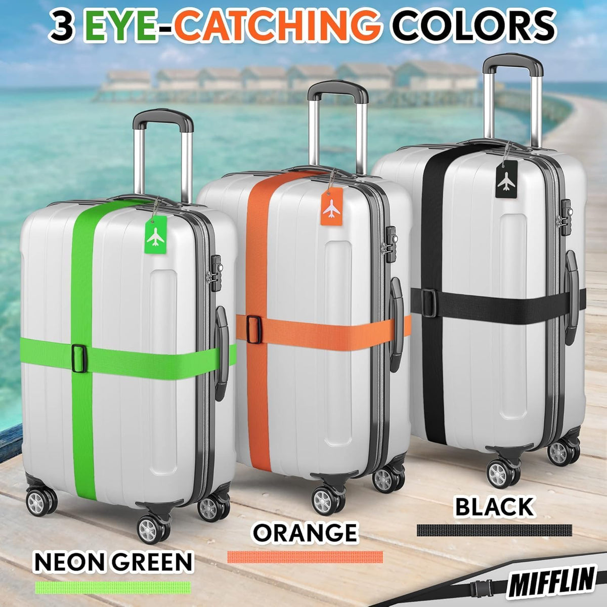 Luggage Straps - Neon Green, 78" Long, 2 Inches Wide, 4 Pack - Adjustable Nylon Belt for Travel Suitcases & Bags - by Mifflin-USA