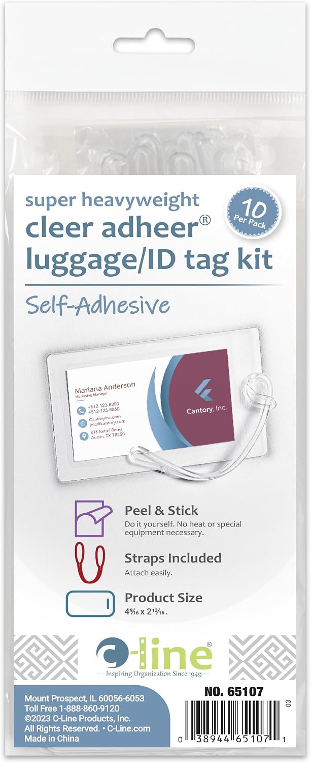 C-Line Cleer Adheer Luggage Tags w/Straps, Clear, 10 Pack (65107)