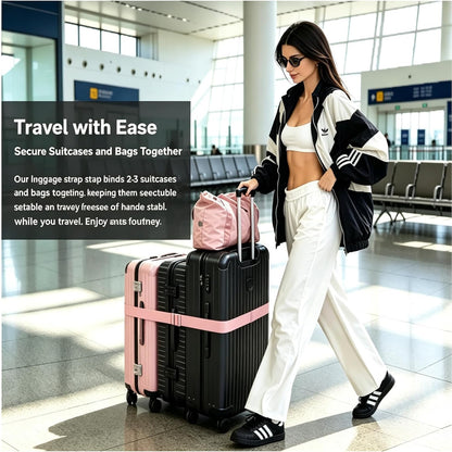 Luggage Straps 3 PCS for Suitcases 2 Short & 1 Long Adjustable Straps with Elastic Thick Rope for Connecting Suitcases and Bags Stably with a Strap Buckle and a Bottle Clip, Pink