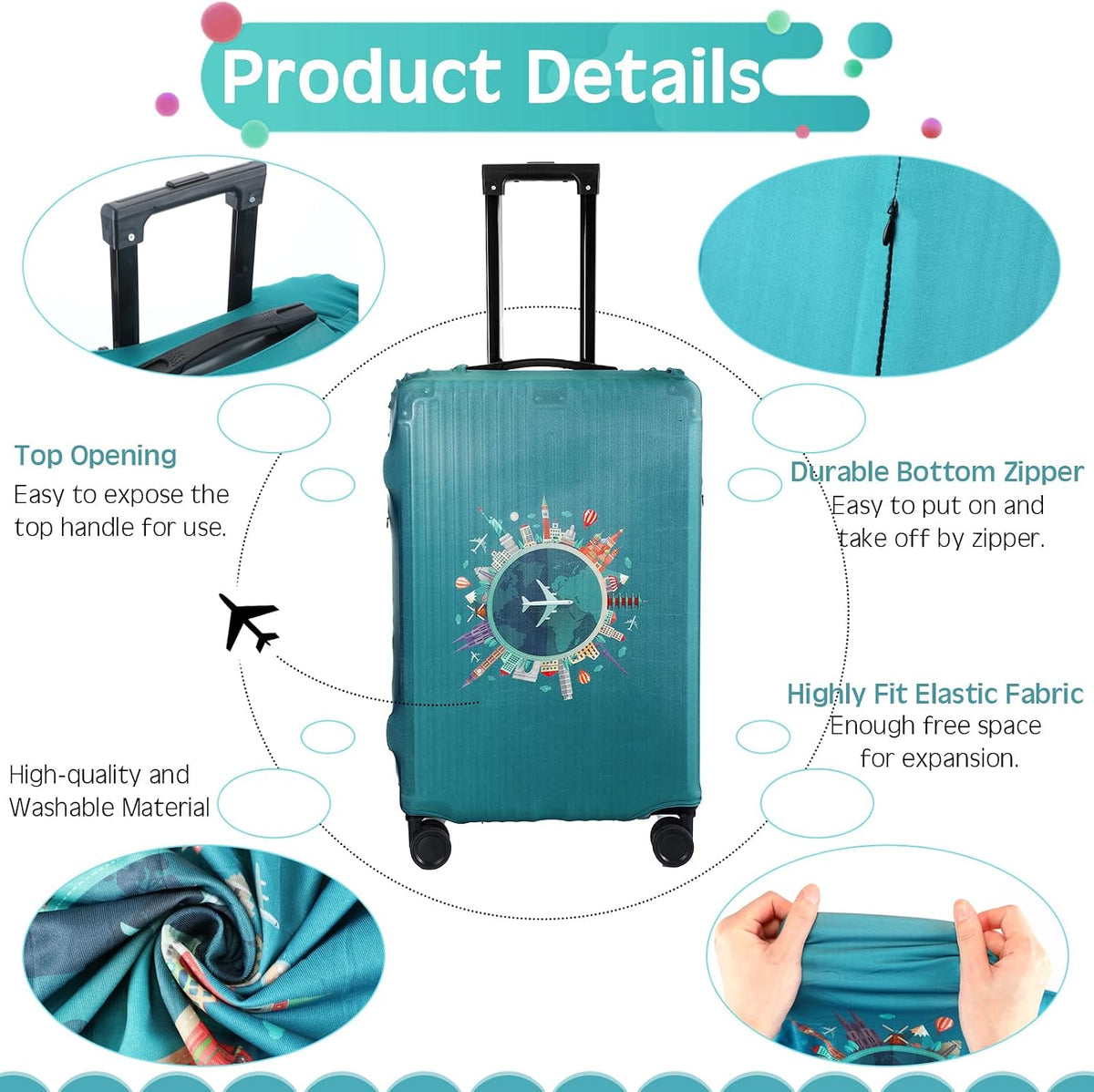 Sherr 3 Pieces Travel Luggage Cover, S/medium/L, Travel Theme, Green