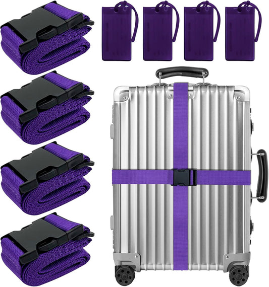 8 Pack Luggage Straps Suitcase Tags Set,Adjustable Suitcase Belts TSA Approved Silicone Luggage Tags Travel Suitcase Tags with Name ID Card for Luggage Suitcase Travel Accessories - Purple