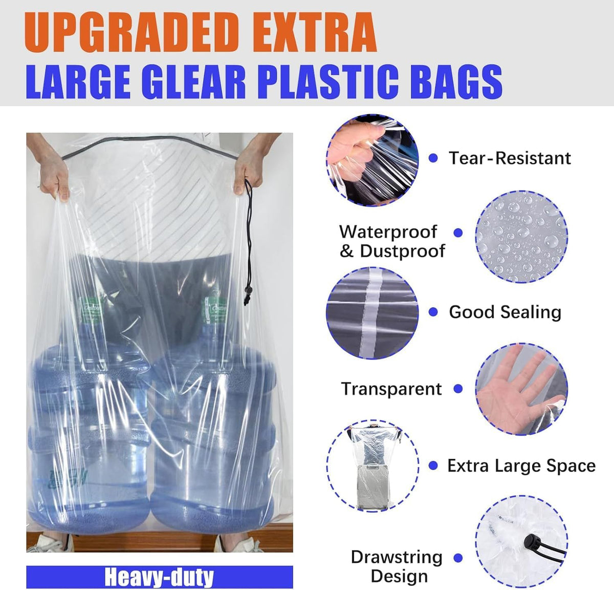 32x42 Inch Large Clear Plastic Suitcase Storage Bags, 3 Pack, 4 Mils