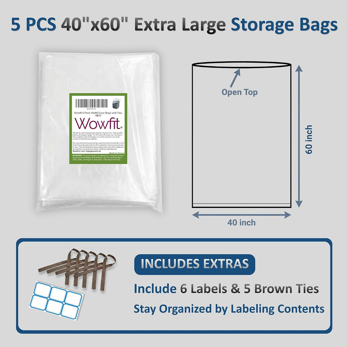 Wowfit Extra Large Storage Bags for Car Seat & Luggage, 40x60, 5 CT, 2 Mil