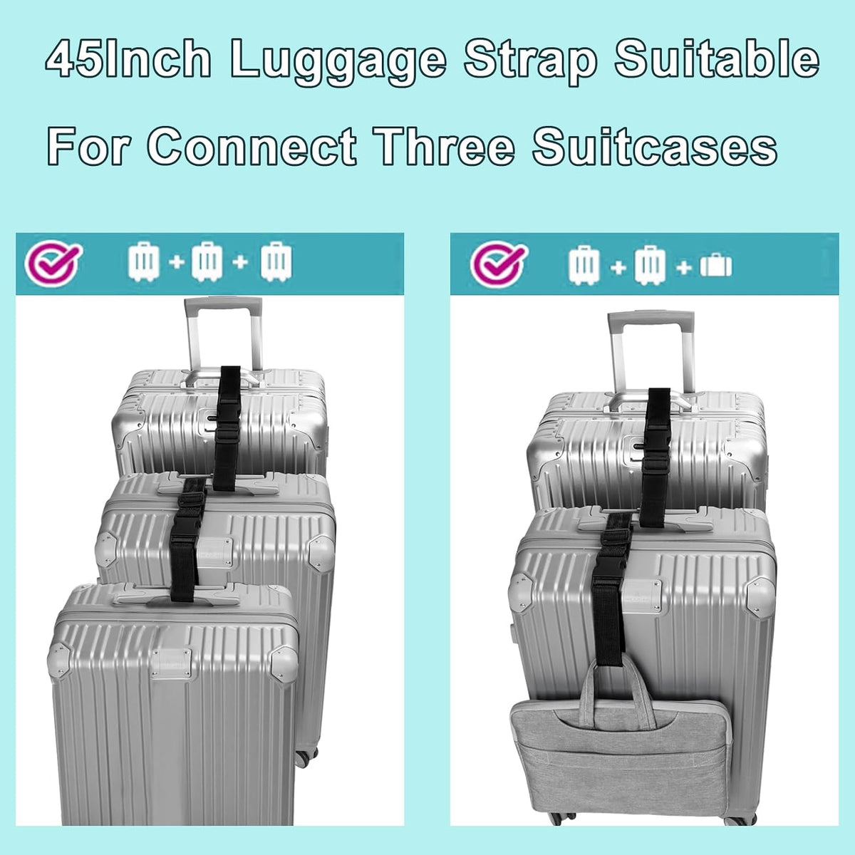 Luggage Straps for Suitcases, Travel Belt Multiple Connector, 2 Pack Black