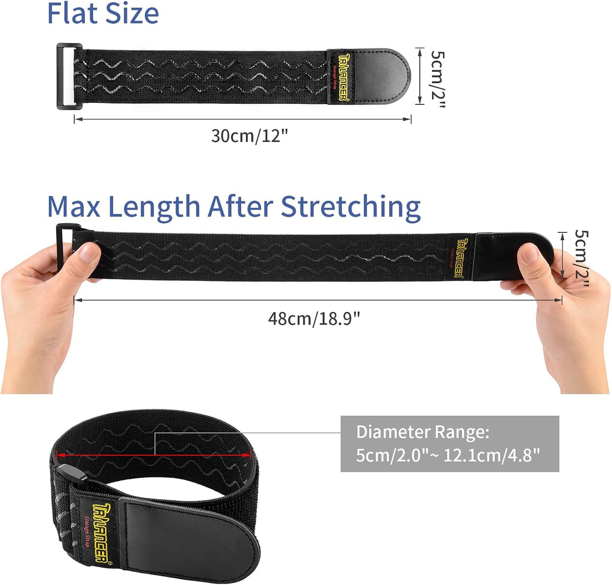 Trilancer Elastic Cinch Straps with Anti-Slip Strips, 12'' x 2'' (8 Pack)