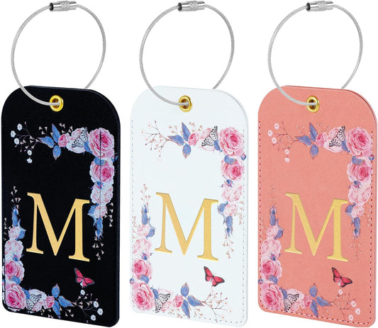 3 Pack Luxury Floral PU Leather Luggage Tags, Travel Accessories Gift (M)