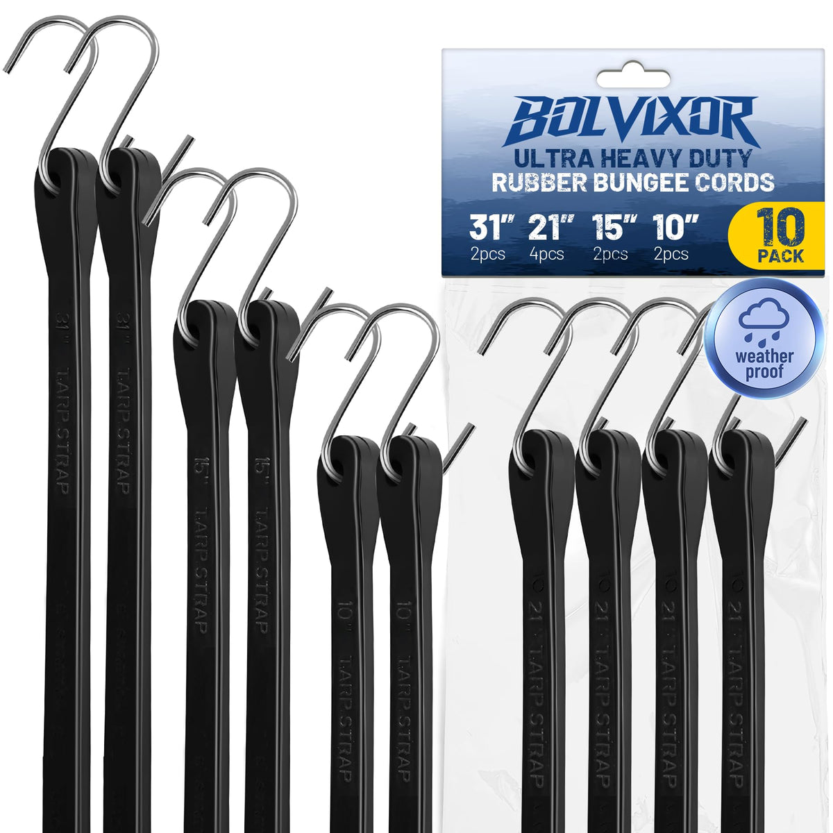 Bungee Cords with Hooks, 10 Pack, 10", 15", 21", 31", EPDM Rubber