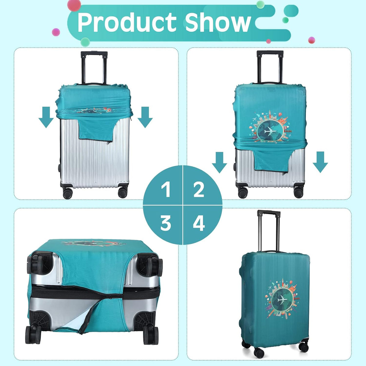Sherr 3 Pieces Travel Luggage Cover, S/medium/L, Travel Theme, Green