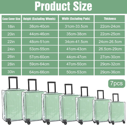 7 Pcs Clear Luggage Cover for Suitcase, Waterproof PVC Suitcase Covers for Luggage, Anti-Scratch Travel Protector Set for 18" to 30" Suitcases, Transparent Design