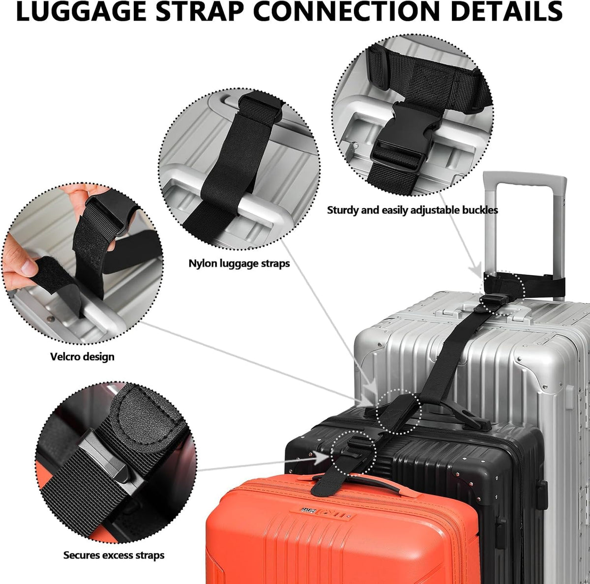 BILIONE 2 Pack Luggage Connector Straps,Connect 3 Suitcases ＆ Add A Bag