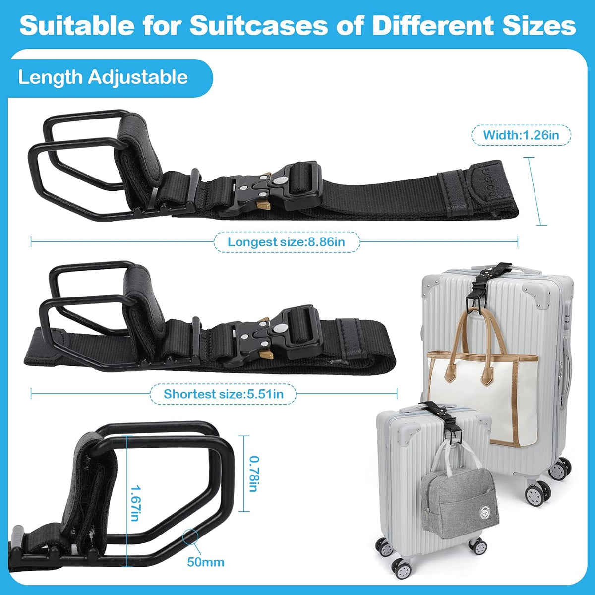 Luggage Hook Strap, Adjustable Luggage J Hook to Add a Bag Carry On