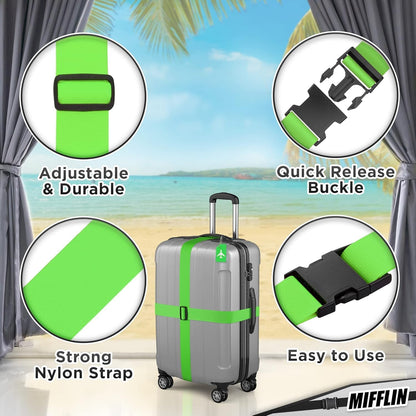 Luggage Straps - Neon Green, 78" Long, 2 Inches Wide, 4 Pack - Adjustable Nylon Belt for Travel Suitcases & Bags - by Mifflin-USA