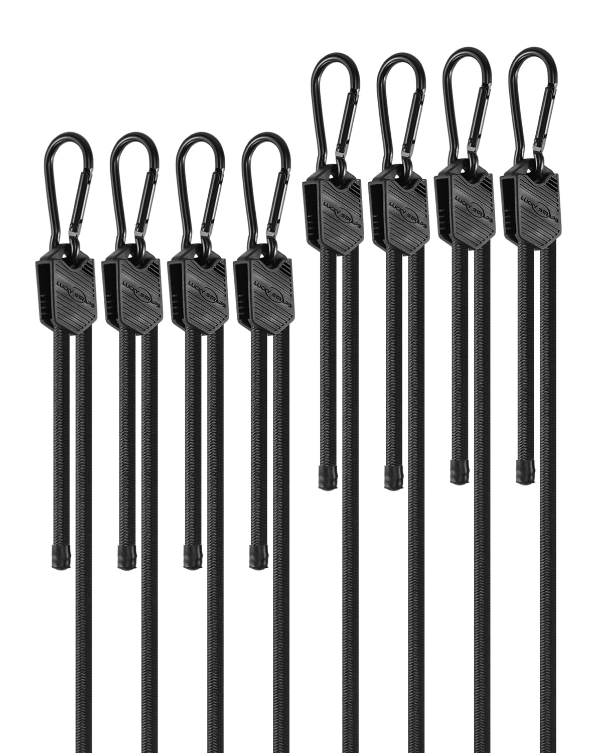 Lucky Straps 48" Black Adjustable Carabiner Bungee Cords with Hooks, 8 Pack
