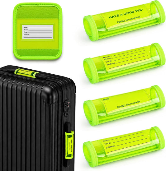 4 Pack Luggage Tags for Suitcases, 2-in-1 Handle Wrap, No-Dangle Neon Green