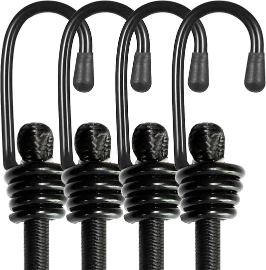 BEXSLE Bungee Cords with Hooks, Heavy Duty Outdoor Elastic Bungee Straps，No Odour Industrial Grade Bungee Rope for Securing Tarps, Luggage, Tents, Bikes or Garden Tidying 24inch 4Pcs (Black)