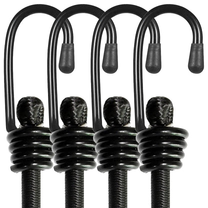 BEXSLE Bungee Cords with Hooks, Heavy Duty Outdoor Elastic Bungee Straps，No Odour Industrial Grade Bungee Rope for Securing Tarps, Luggage, Tents, Bikes or Garden Tidying 24inch 4Pcs (Black)
