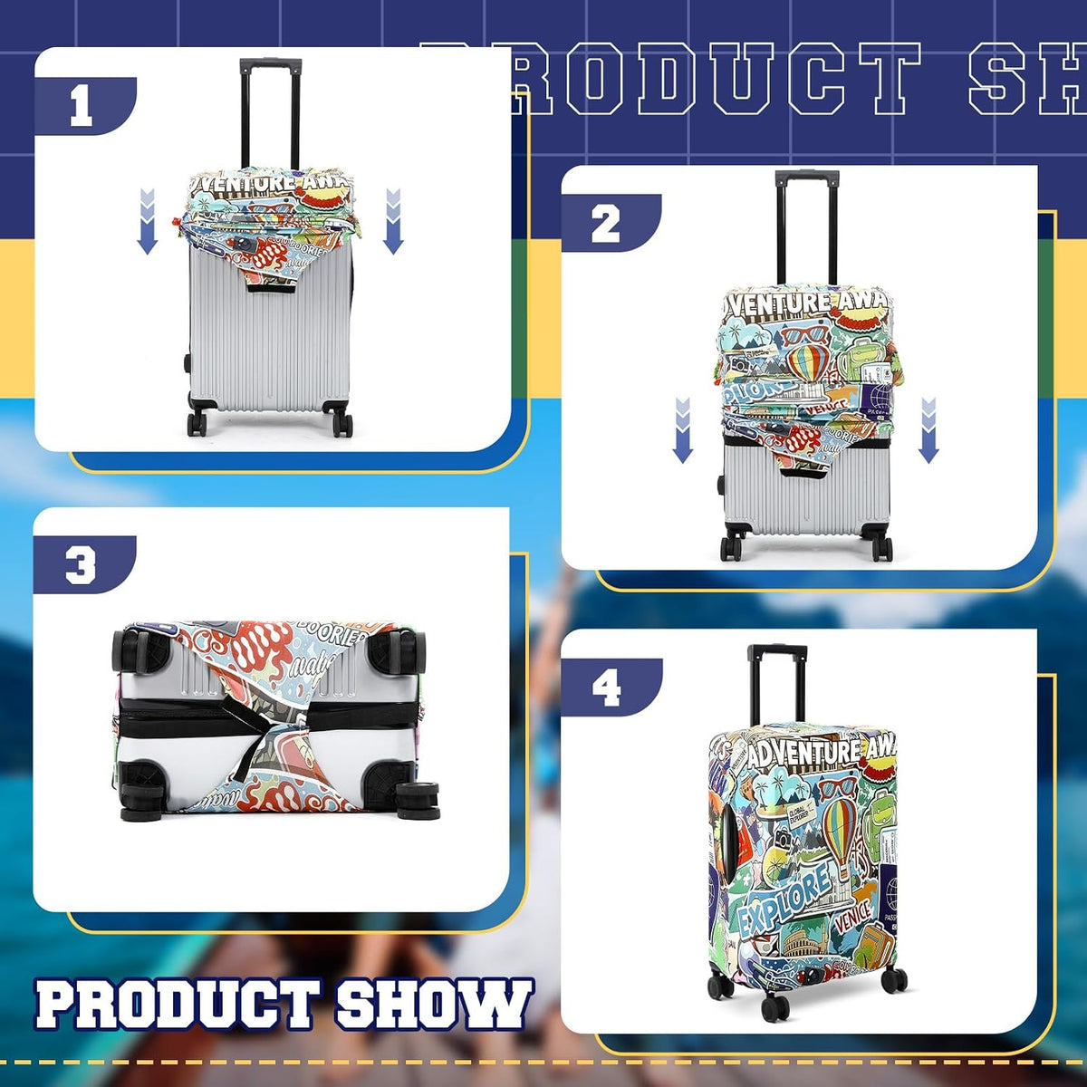 Gilprop 3 Pcs Travel Luggage Cover Washable Suitcase Protector Cover Anti Scratch Case Fits 18-28 Inch Luggage, 3 Sizes(Travel Style)