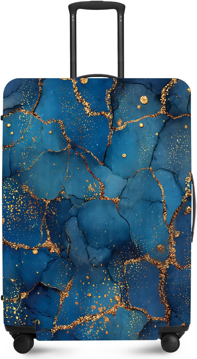 FOREVER QUEEN Blue Gold Luxury Marble Luggage Cover Suitcase Protector Suitcase Cover Anti-Scratch,Stretchable Bag Cover Washable Durable Polyester