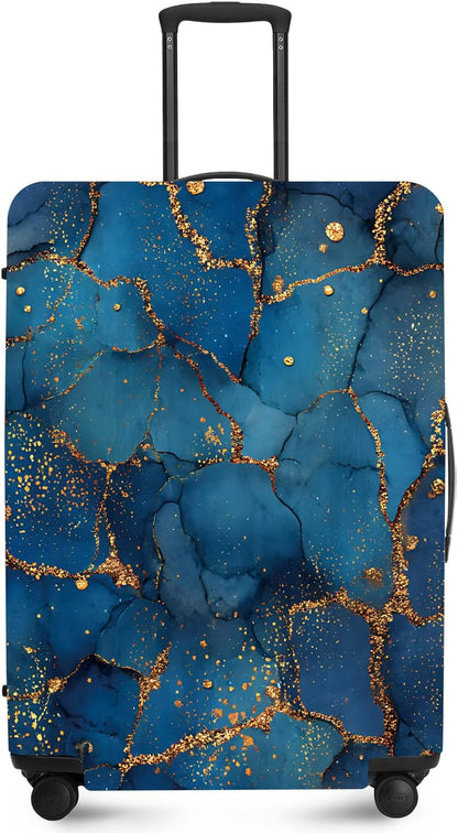 FOREVER QUEEN Blue Gold Luxury Marble Luggage Cover Suitcase Protector Suitcase Cover Anti-Scratch,Stretchable Bag Cover Washable Durable Polyester