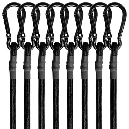 BEXSLE Bungee Cords with Carabiner Hooks Heavy Duty, Outdoor Black Bungee Straps, Strong Industrial Grade Elastic Bungee Rope for Securing Tarps, Luggage, Tents，Bikes, 12in + 24in + 48in，8pcs