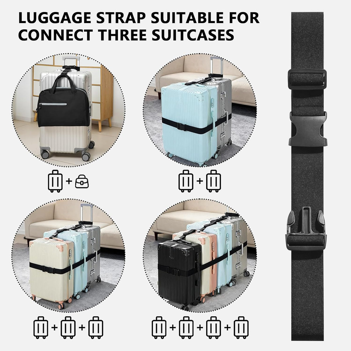 3 Packs Luggage Straps for Suitcases, 2 Connector Straps & Elastic Strap
