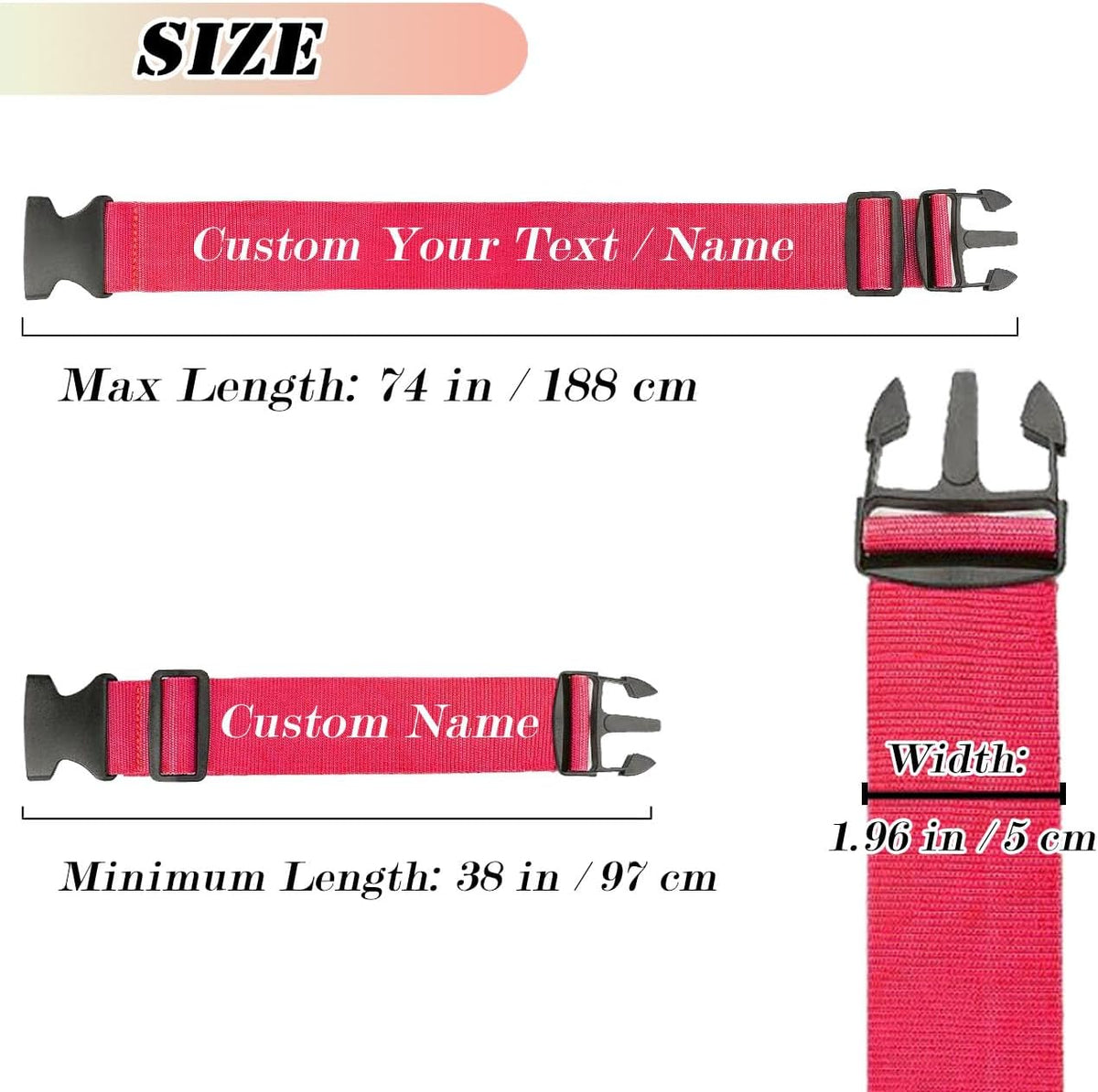 Personalized Luggage Straps, Custom Adjustable Suitcase Belt Embroidered with Name/Text, 2" W Travel Strap TSA Secure Bag Band Closure Gifts for Traveler Businessman - Adjusts from 38" to 74" L